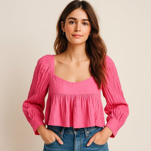 WAYF Anthropologie Bright Pink Square Neck Babydoll Top Womens XS Girly Dainty - Picture 1 of 4